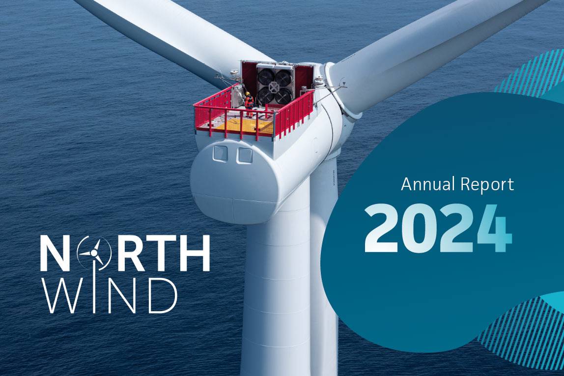 Technician standing on top of a wind turbine at sea, with text overlay ‘Annual Report 2024’ and the NorthWind logo