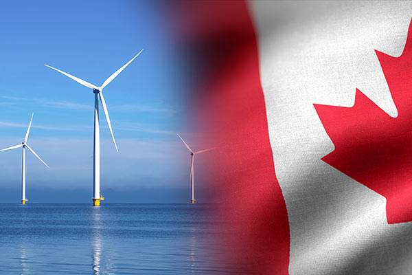 Composite image showing offshore wind turbines with a Canadian flag overlayed.
