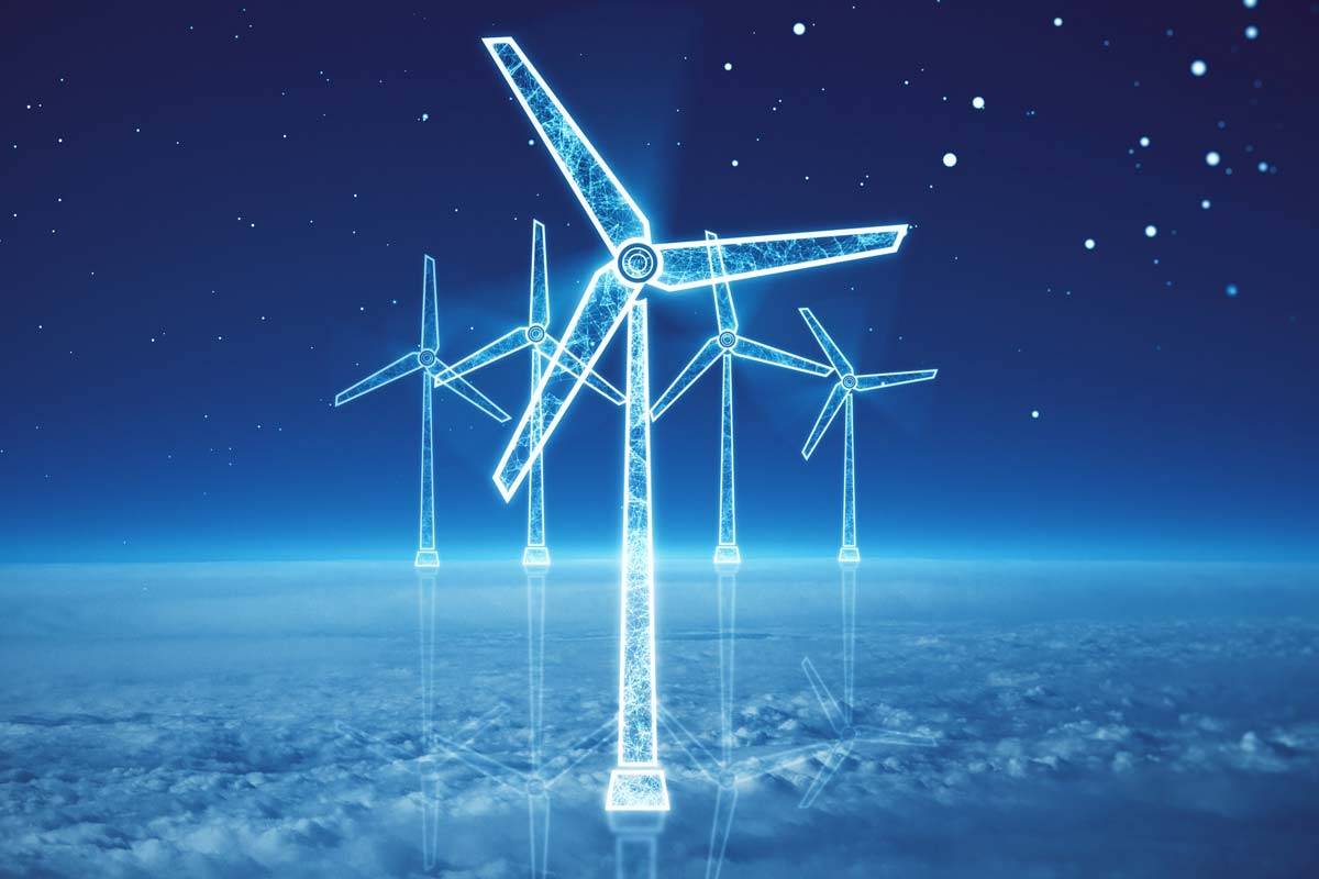 Computer-generated image showing digital-like wind turbines hovering in the sky.