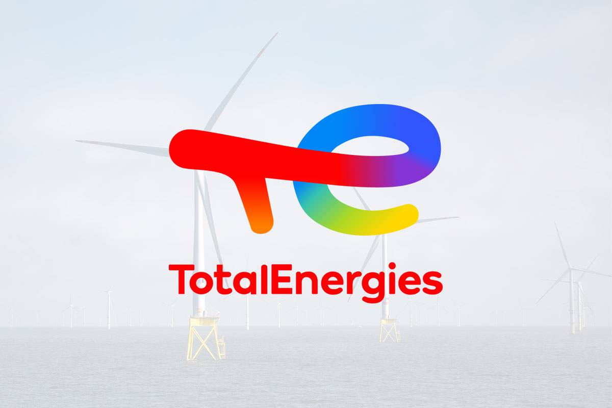TotalEnergies logo with a French offshore wind farm as an underlay.